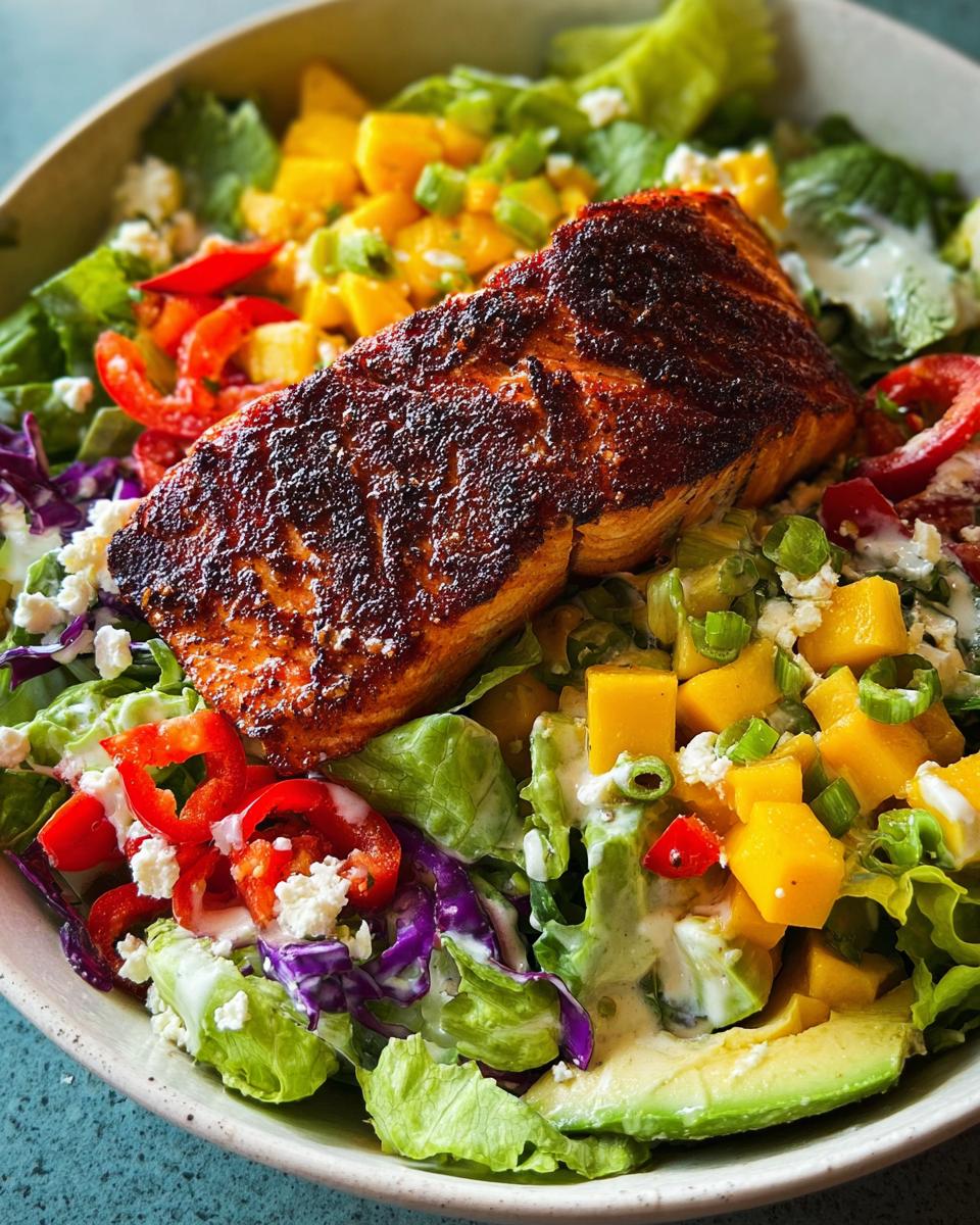 A vibrant and fresh salmon salad with mango, avocado, red pepper, and crumbled feta cheese.