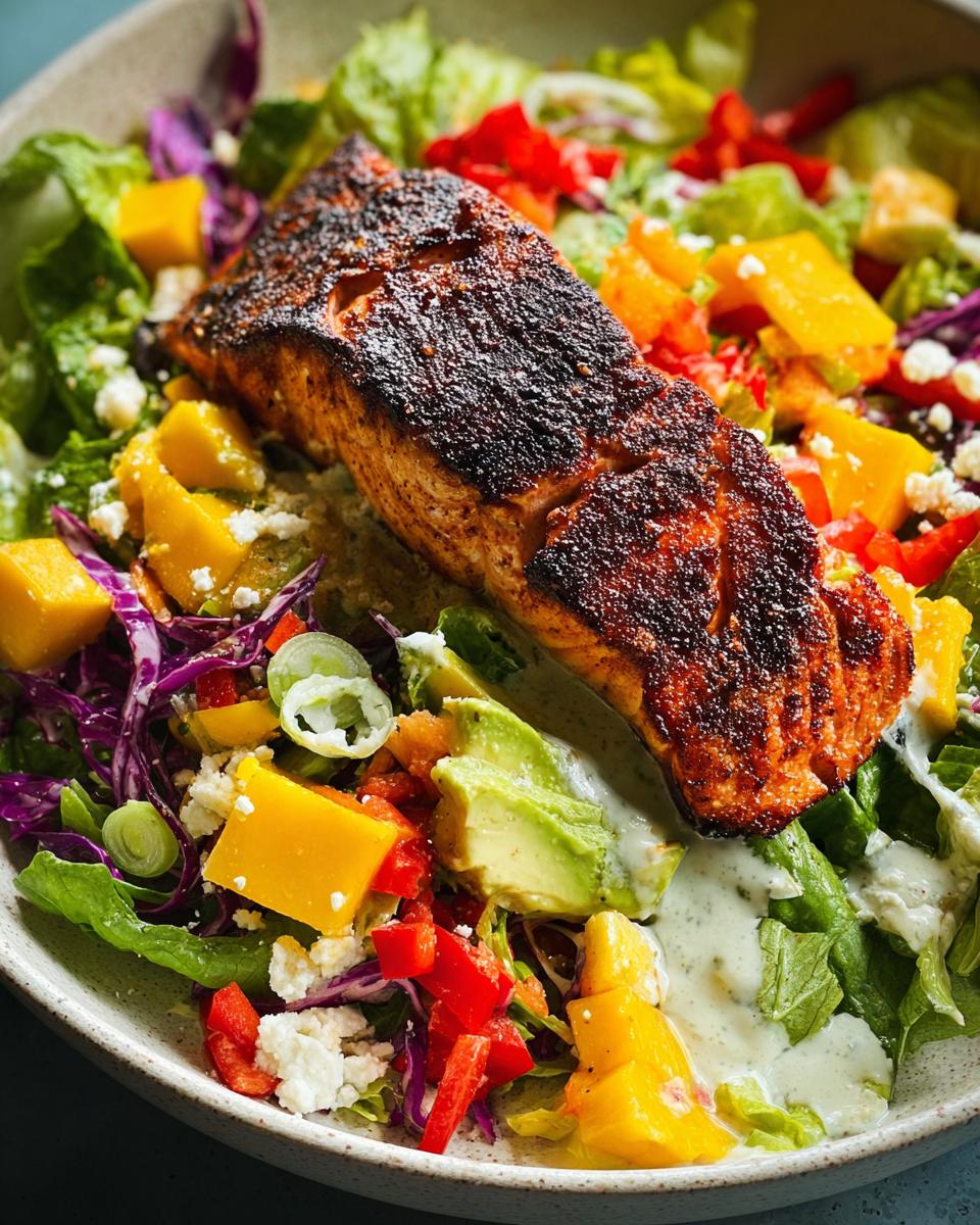 A vibrant salad featuring a perfectly cooked salmon fillet, fresh greens, mango, avocado, and red bell peppers. A delicious salmon recipe.