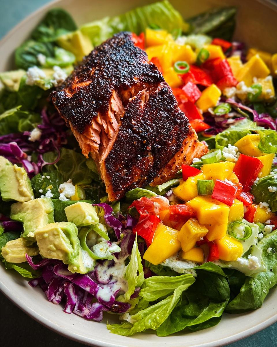 A vibrant salad featuring a perfectly cooked salmon fillet atop fresh greens, avocado, mango, and red bell peppers.