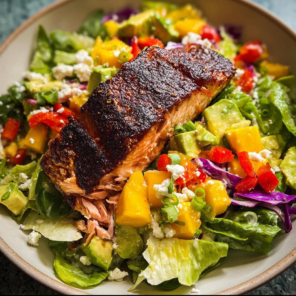 A close-up of a delicious salmon salad with fresh greens, mango, avocado, and crumbled feta cheese.