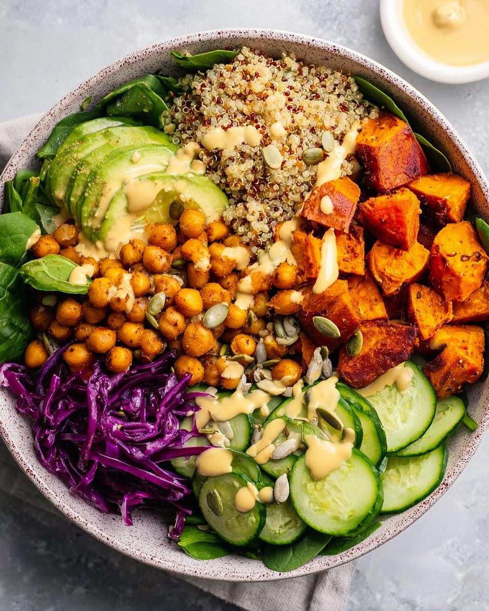 A vibrant and healthy quinoa rice bowl recipe filled with roasted sweet potatoes, chickpeas, avocado, cucumber, and red cabbage.