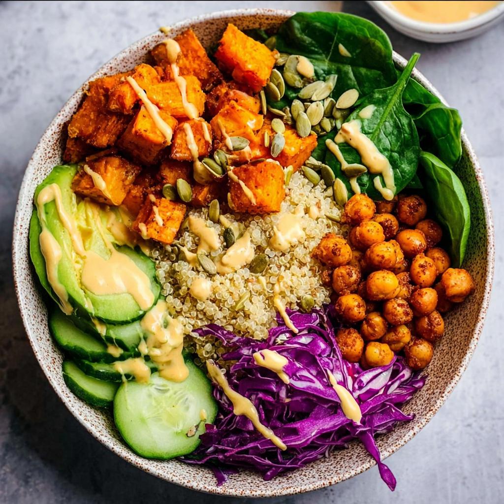 A vibrant and healthy quinoa rice bowl recipe with roasted sweet potatoes, chickpeas, avocado, cucumber, and red cabbage.