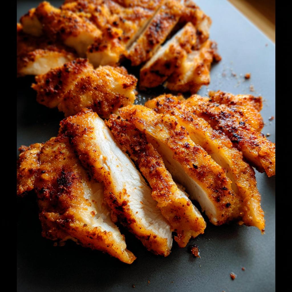 Close-up of sliced restaurant-style air fryer chicken, showing crispy seasoned coating and juicy white meat.
