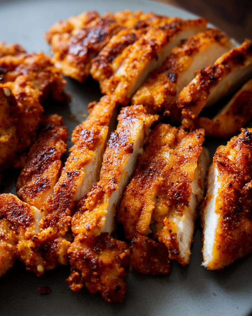 Close-up of sliced, crispy restaurant-style air fryer chicken, seasoned and golden brown.