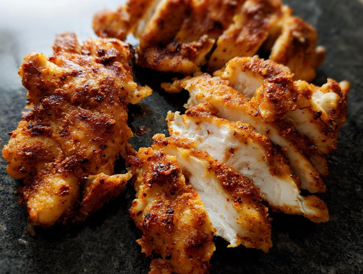 Close-up of sliced restaurant-style air fryer chicken, seasoned and crispy.