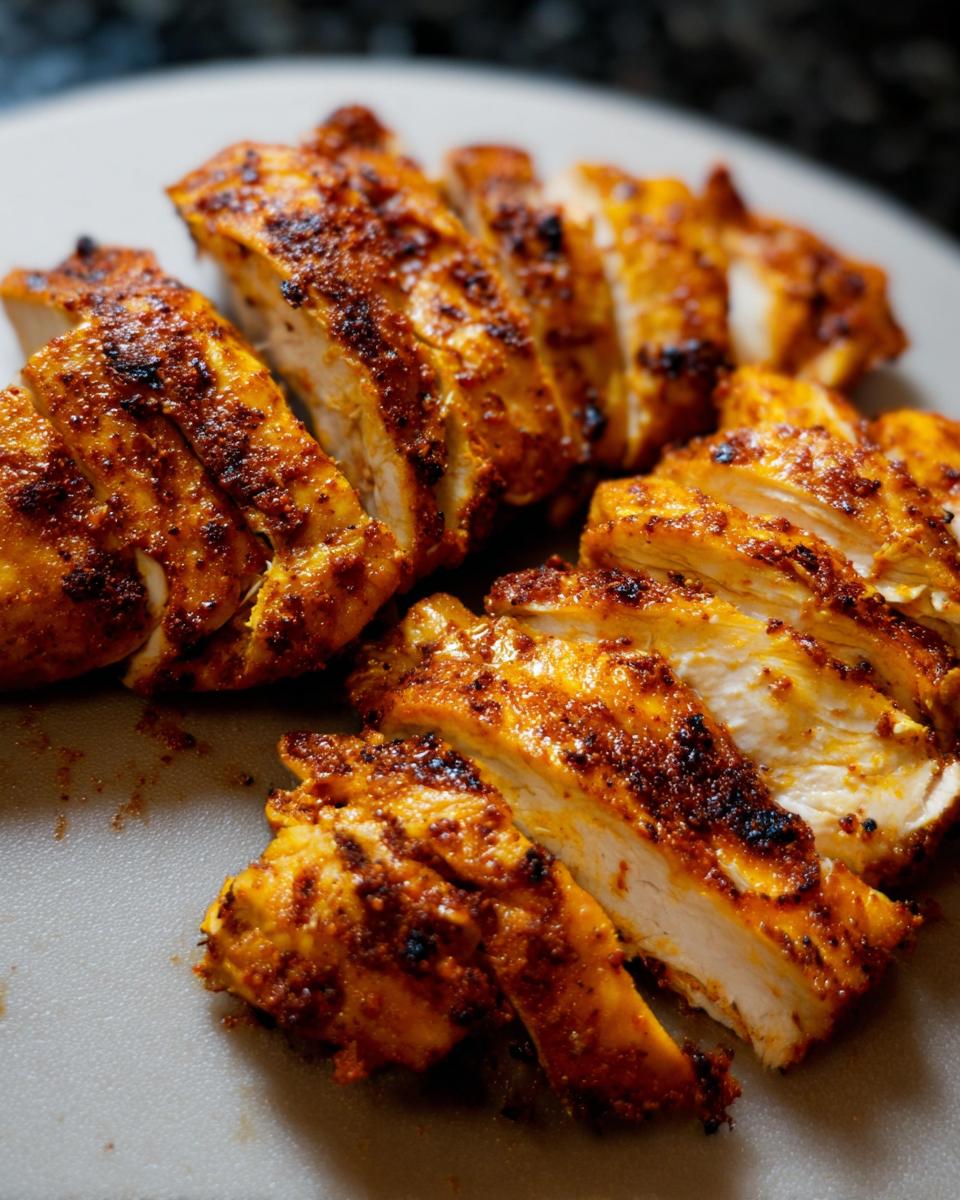 Close-up of sliced, seasoned air fryer chicken breast, perfect for restaurant-style chicken recipes at home.