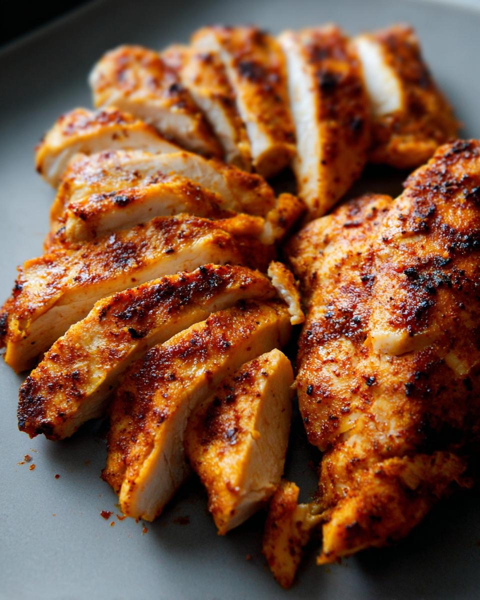 Close-up of sliced, seasoned, and air-fried chicken breast, showcasing crispy edges and juicy interior.