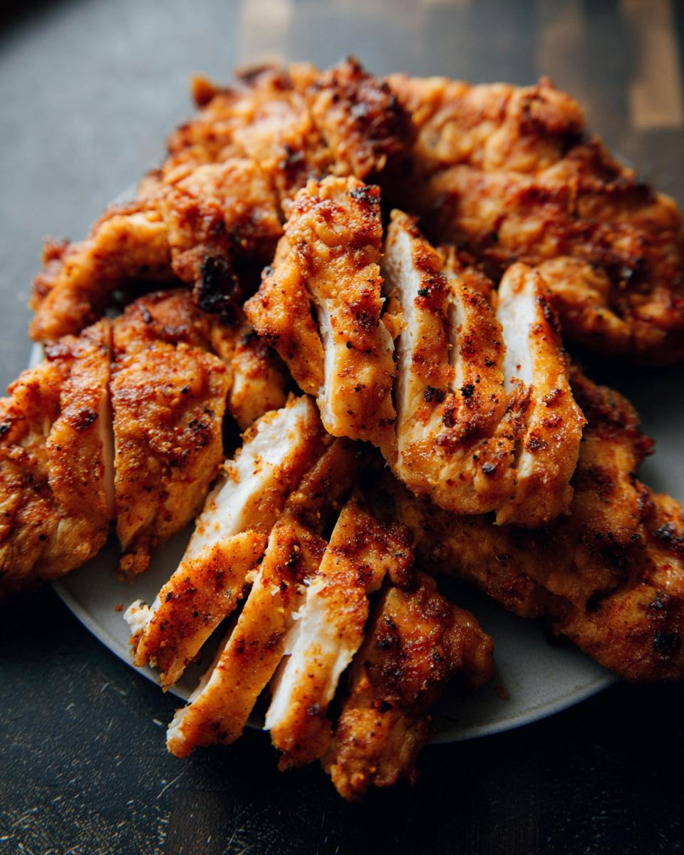 Close-up of crispy, sliced restaurant-style air fryer chicken, seasoned and juicy.