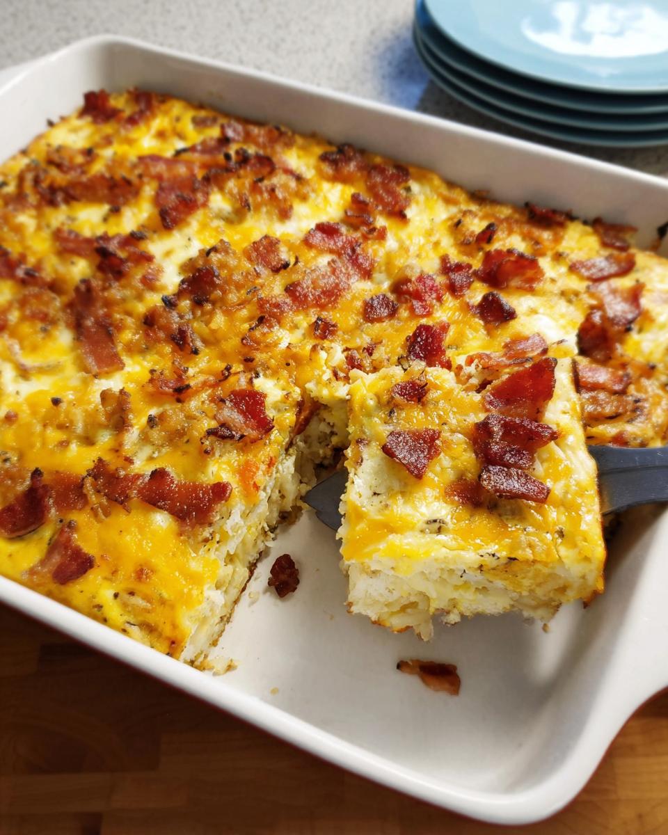 A slice of restaurant-style breakfast casserole with eggs, cheese, and bacon being lifted from a baking dish.