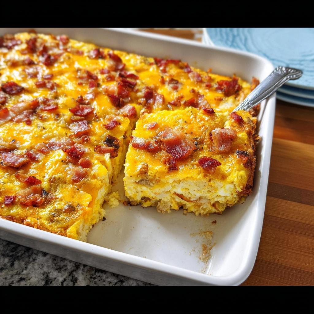 A delicious restaurant-style breakfast casserole with melted cheese and crispy bacon, a slice being served.
