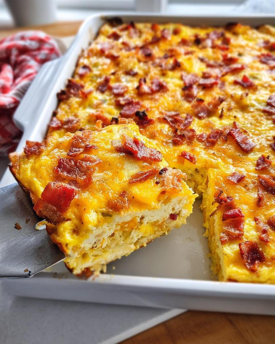 A slice of restaurant-style breakfast casserole with bacon and cheese being lifted from a baking dish.