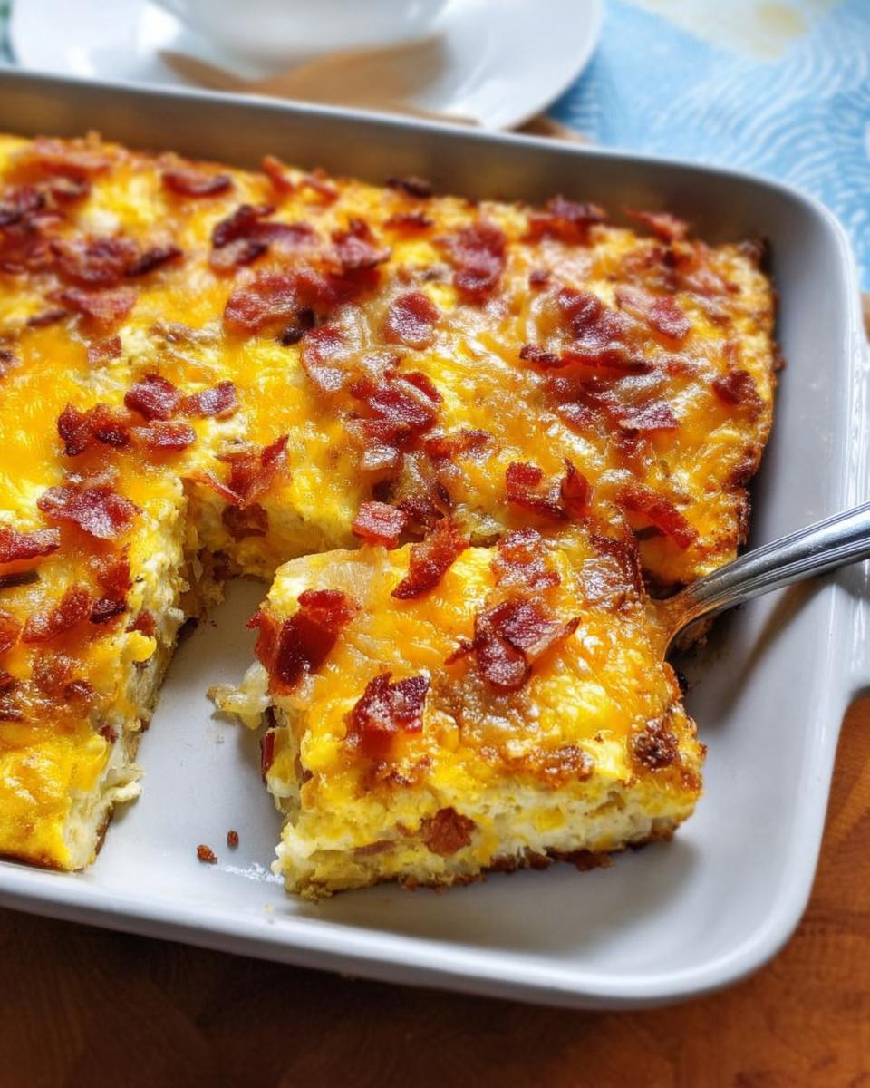 A slice of restaurant-style breakfast casserole with bacon and cheese being lifted from a baking dish.