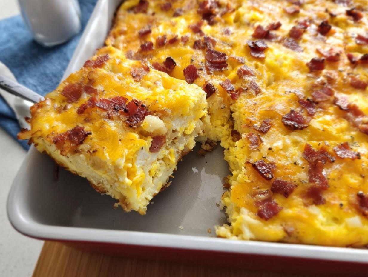 A slice of a hearty restaurant-style breakfast casserole with eggs, cheese, and bacon, ready to be served.