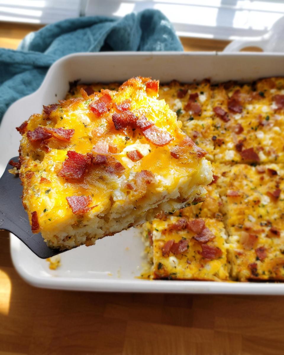 A slice of a hearty breakfast casserole with bacon and cheese, part of Restaurant-Style Breakfast Ideas Recipes at Home.