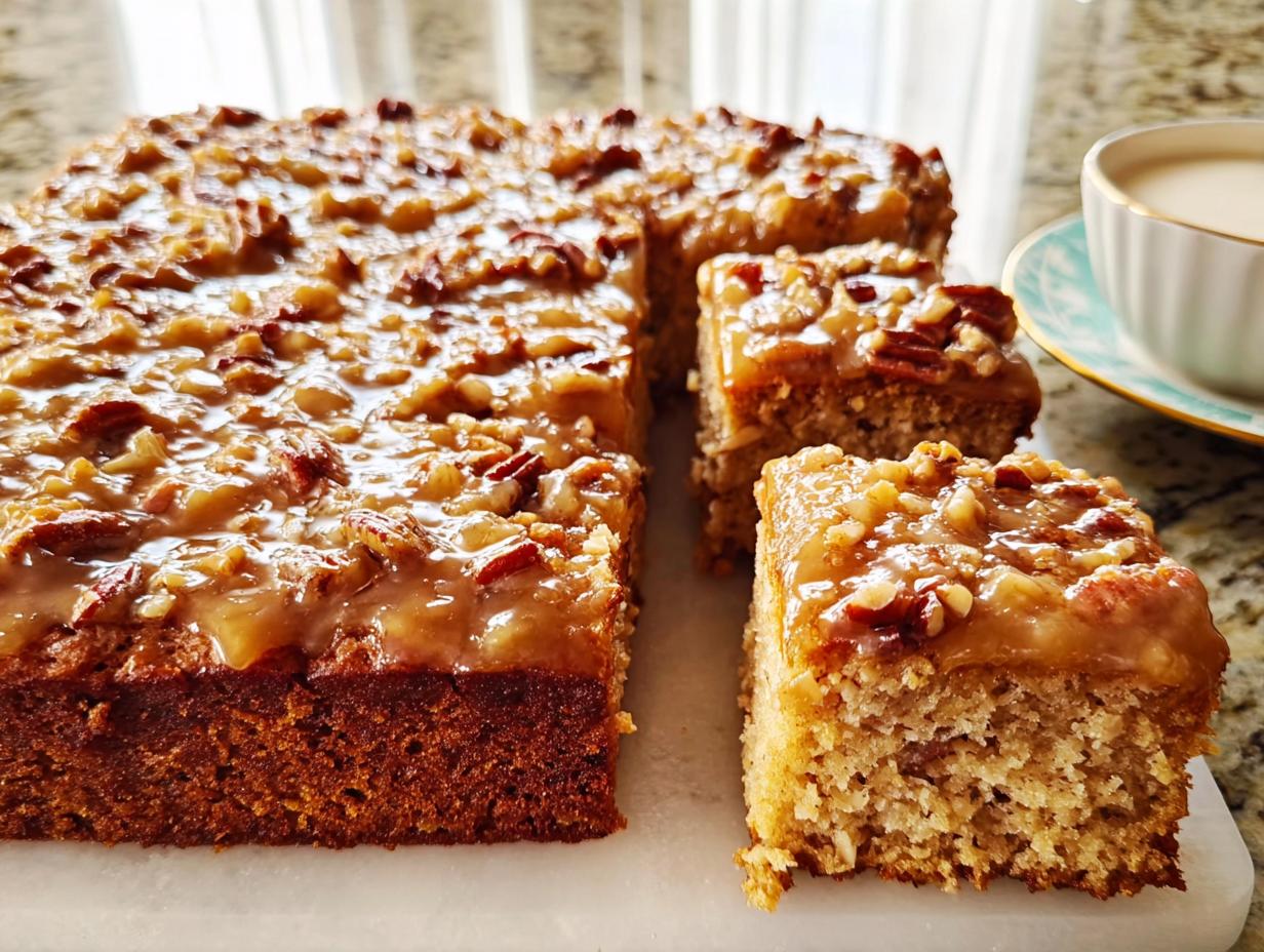 A slice of restaurant-style pecan praline cake, topped with caramel glaze and chopped pecans.