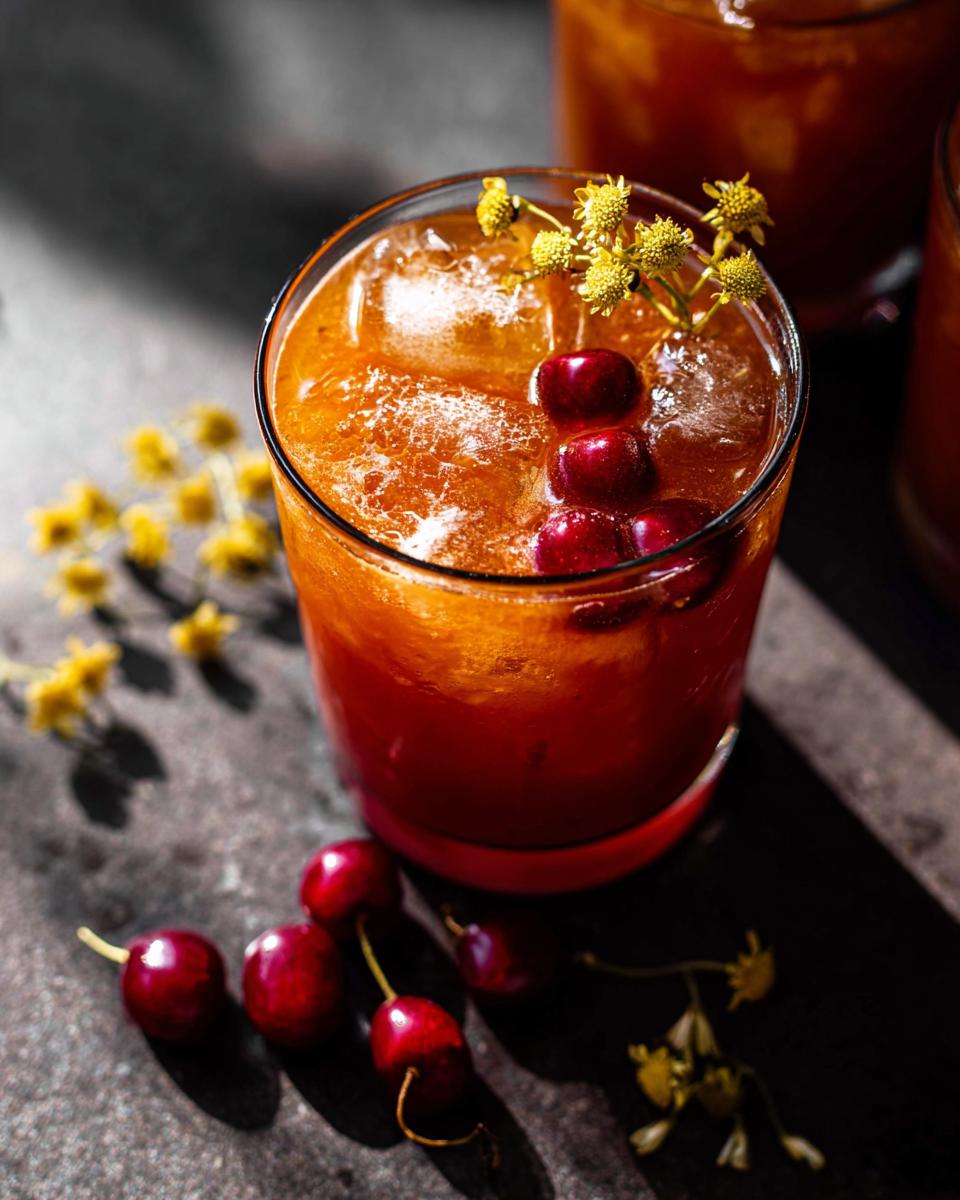 A refreshing cherry cocktail with ice, garnished with fresh cherries and small yellow flowers, perfect for restaurant-style healthy meals at home.