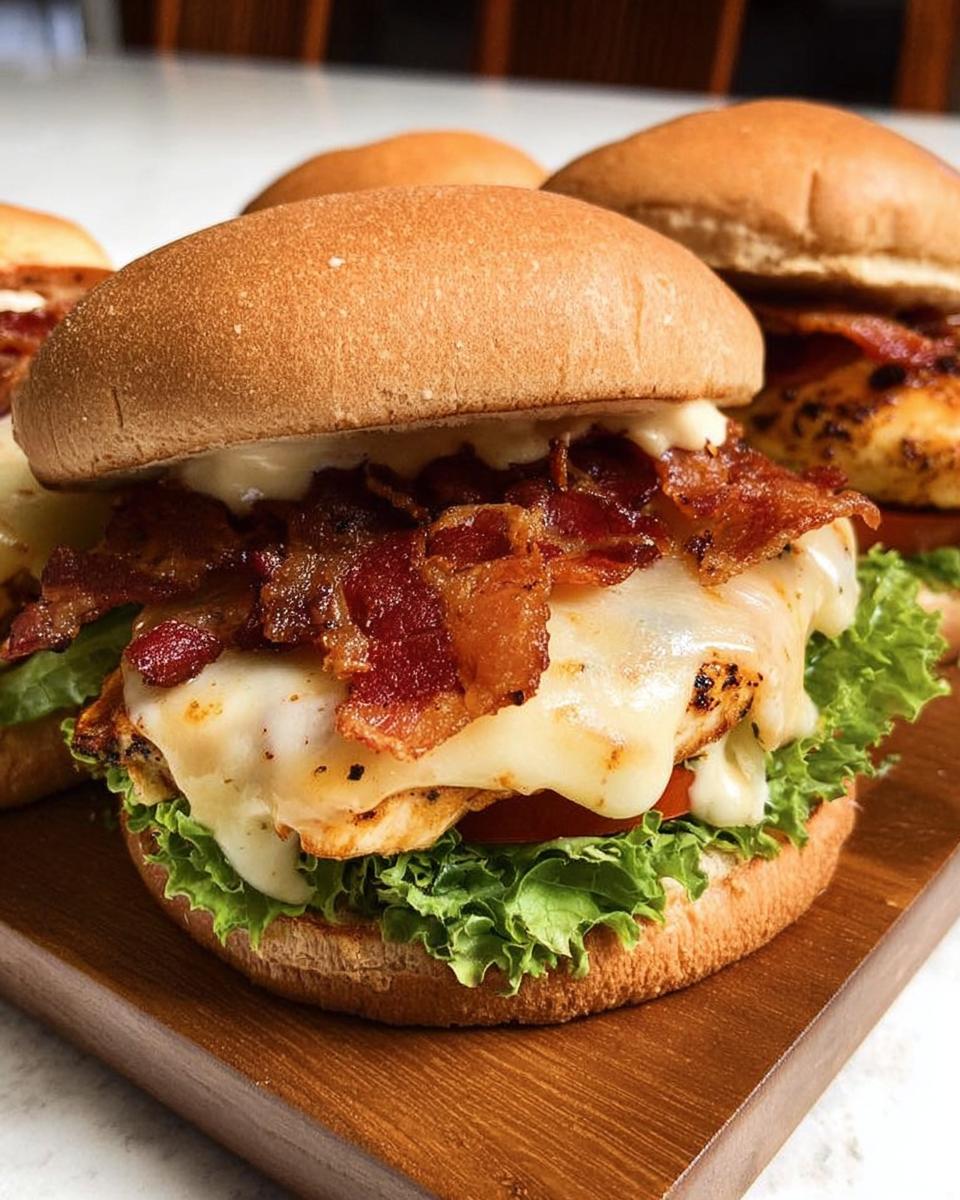 A delicious chicken bacon burger with melted cheese, lettuce, and tomato, perfect for restaurant-style easy dinner recipes at home.