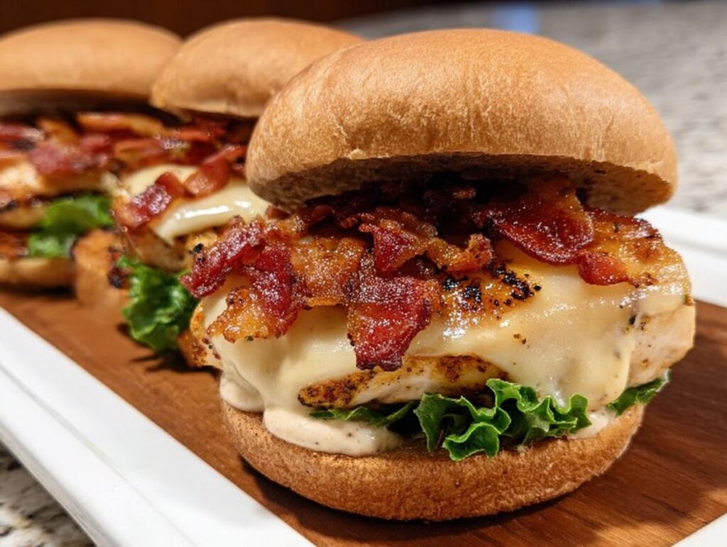 Three restaurant-style chicken bacon burgers with melted cheese and lettuce, served on a wooden board.