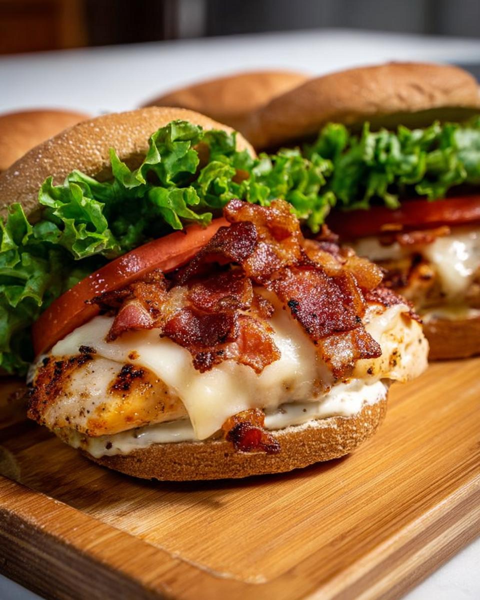 A delicious restaurant-style chicken bacon sandwich with melted cheese, fresh lettuce, and tomato, perfect for easy dinner recipes at home.