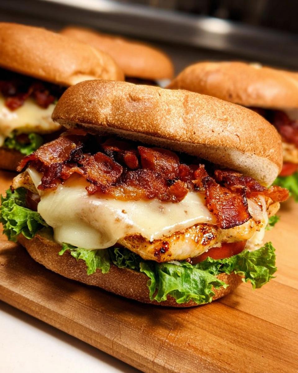 Close-up of a delicious chicken bacon sandwich with melted cheese and fresh lettuce, part of Restaurant-Style Easy Dinner Recipes at Home.