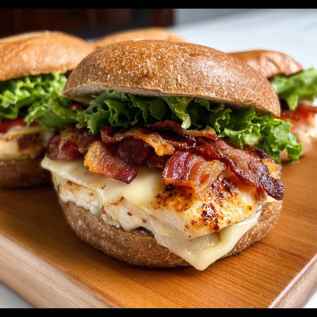 Close-up of a delicious chicken bacon sandwich, a perfect example of restaurant-style easy dinner recipes at home.
