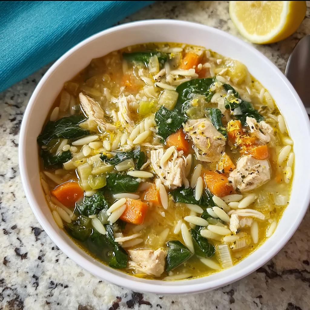A bowl of restaurant-style chicken orzo soup with carrots, spinach, and lemon zest.