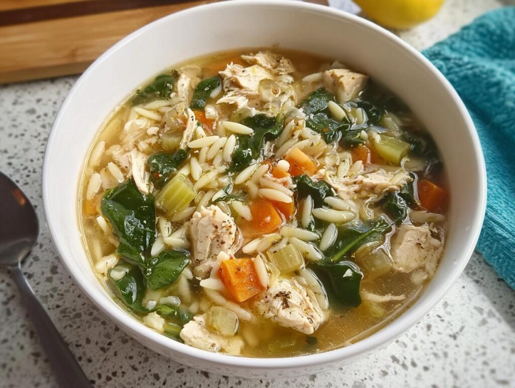 A close-up of a bowl of restaurant-style chicken orzo soup with vegetables, a perfect addition to your restaurant-style soup recipes at home.