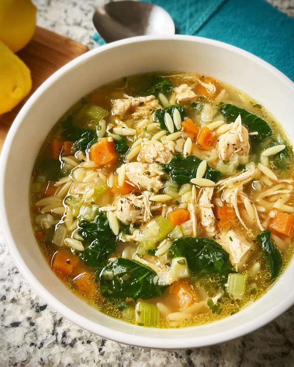 A bowl of hearty chicken orzo soup with carrots, celery, and spinach, perfect for restaurant-style soup recipes at home.