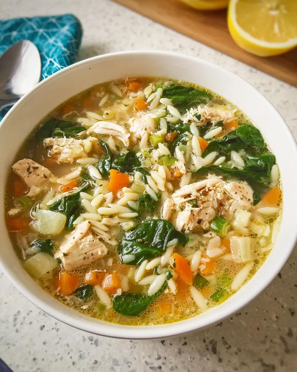 A bowl of hearty chicken orzo soup with spinach and carrots, perfect for restaurant-style soup recipes at home.