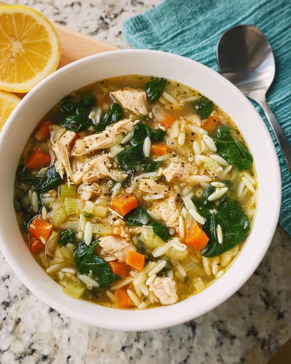 A bowl of restaurant-style chicken orzo soup with shredded chicken, carrots, celery, and spinach.