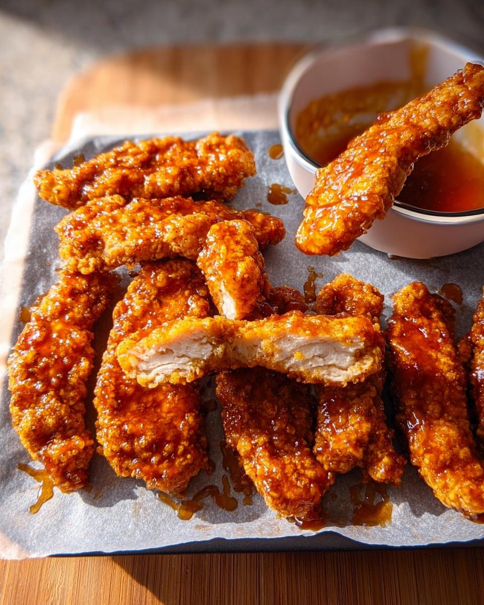 Crispy, glazed chicken strips, a popular choice for restaurant-style chicken recipes at home, served with a dipping sauce.