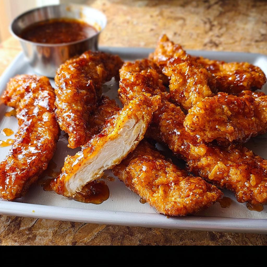 Crispy, glazed chicken strips, a restaurant-style chicken recipe at home, served with dipping sauce.