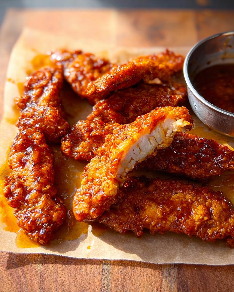Close-up of crispy, glazed chicken tenders, one cut in half to show juicy interior, served with dipping sauce.