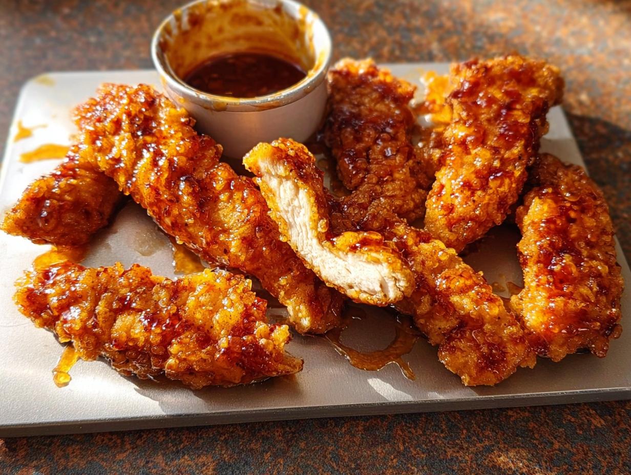 Close-up of crispy, glazed chicken tenders served with a dipping sauce, perfect for restaurant-style chicken recipes at home.
