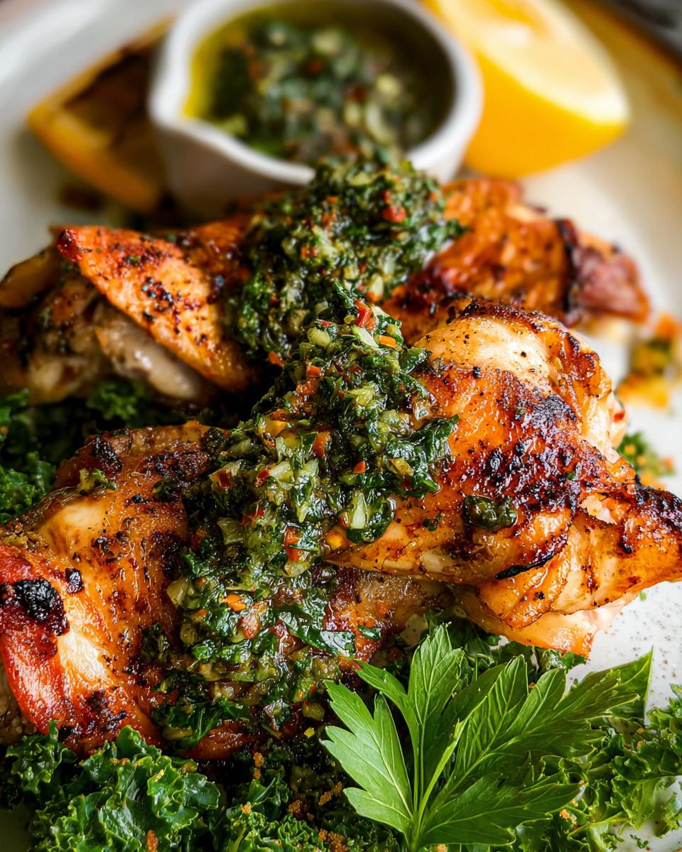 Close-up of juicy, grilled restaurant-style chicken thighs topped with vibrant chimichurri sauce, served over kale.