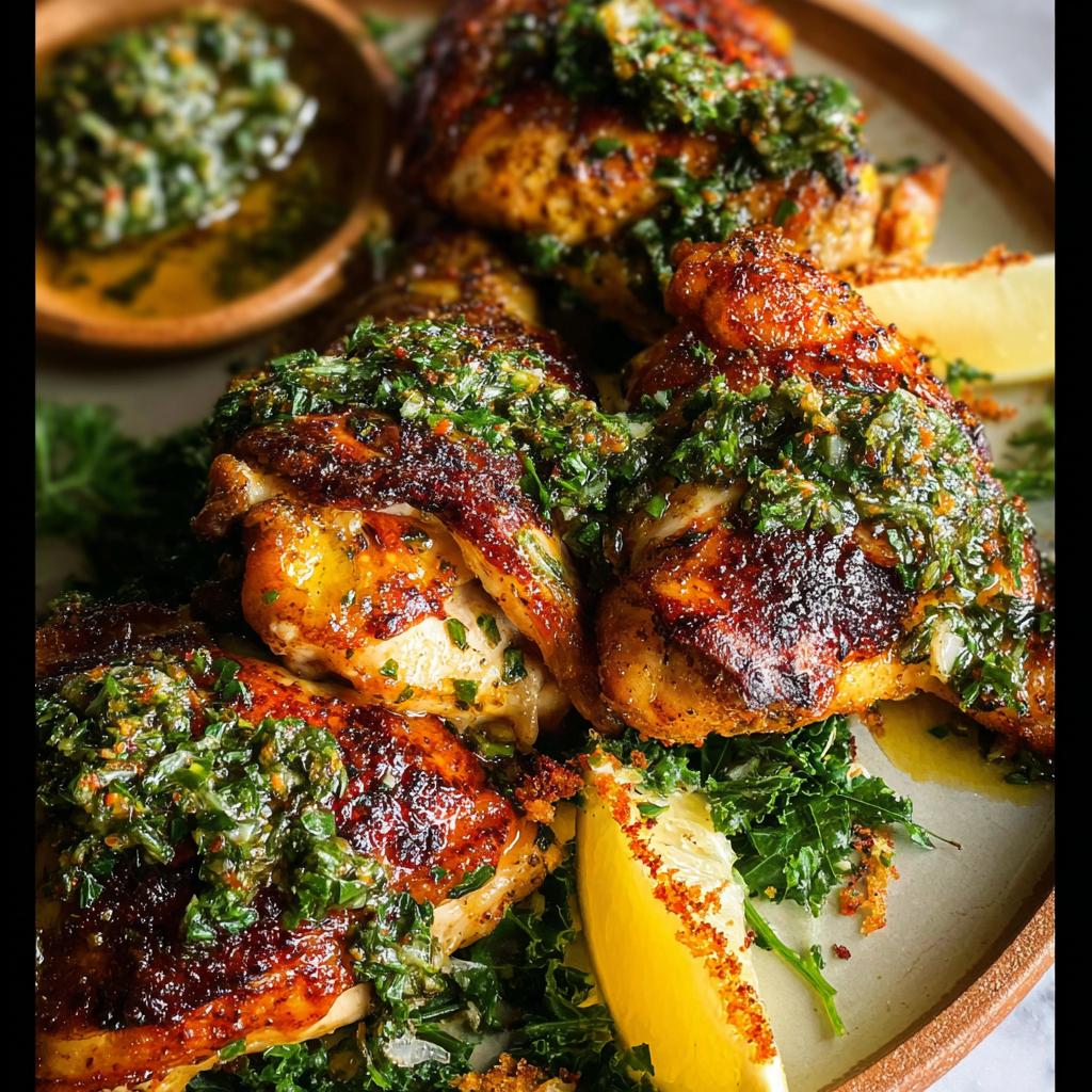 Close-up of juicy, golden-brown restaurant-style chicken thighs topped with fresh gremolata and served with lemon wedges.