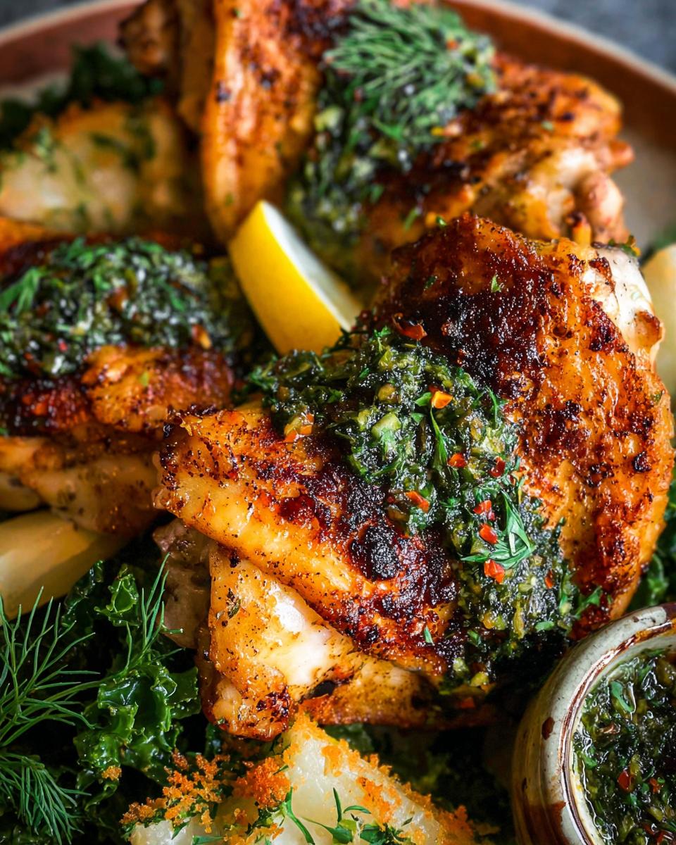 Close-up of crispy, golden-brown restaurant-style chicken thighs topped with vibrant gremolata and a lemon wedge.