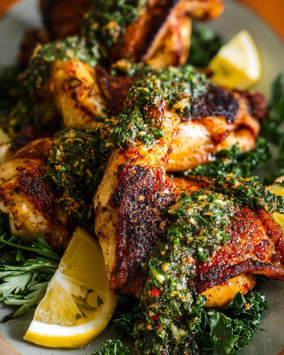 Close-up of restaurant-style chicken thighs recipe at home, topped with vibrant gremolata and served with lemon wedges and greens.