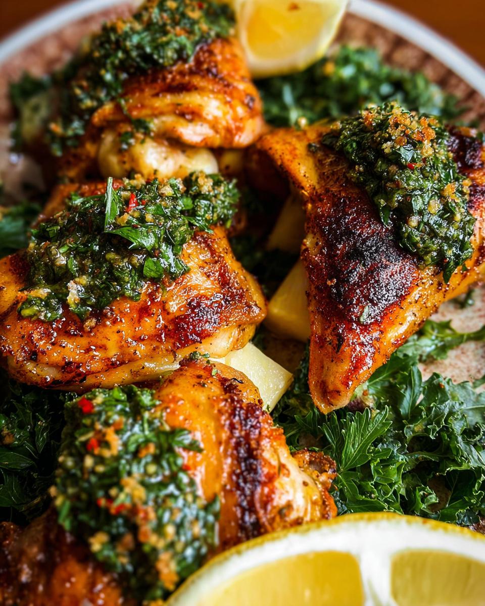 Close-up of restaurant-style chicken thighs topped with gremolata, served over greens with lemon wedges.