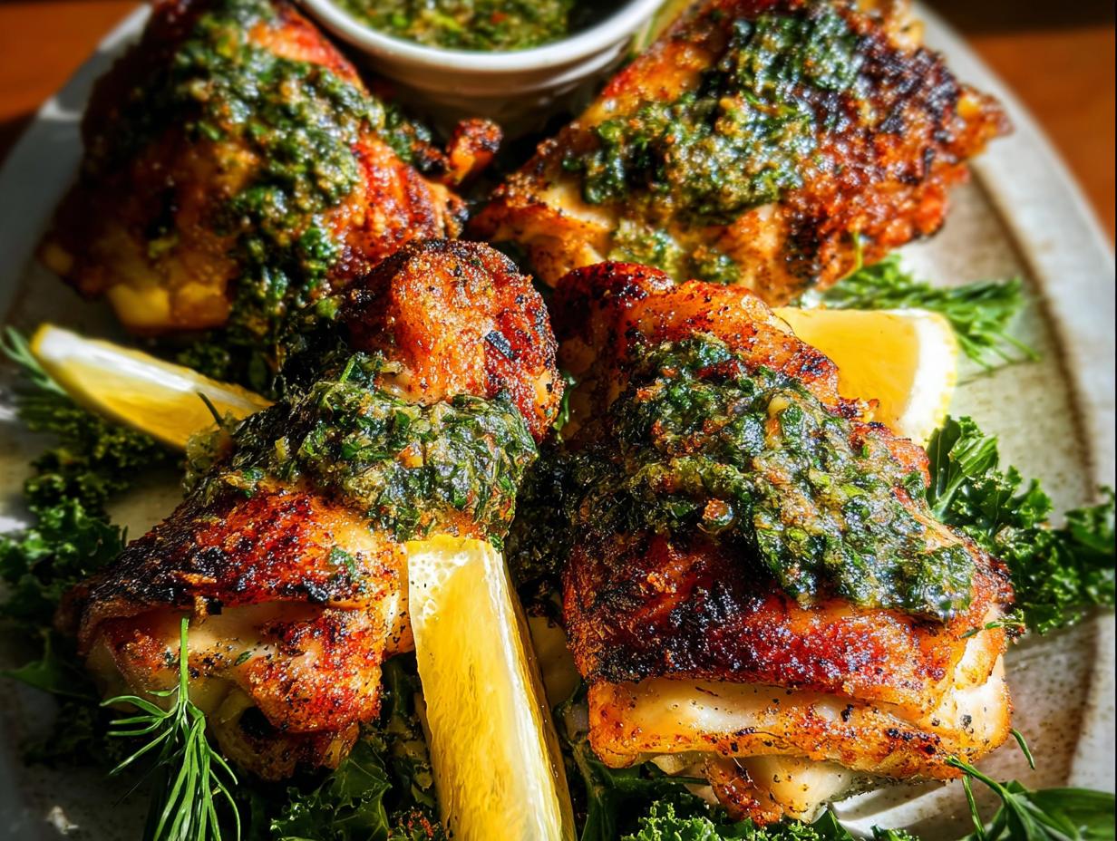 Close-up of restaurant-style chicken thighs topped with gremolata and served with lemon wedges and greens.