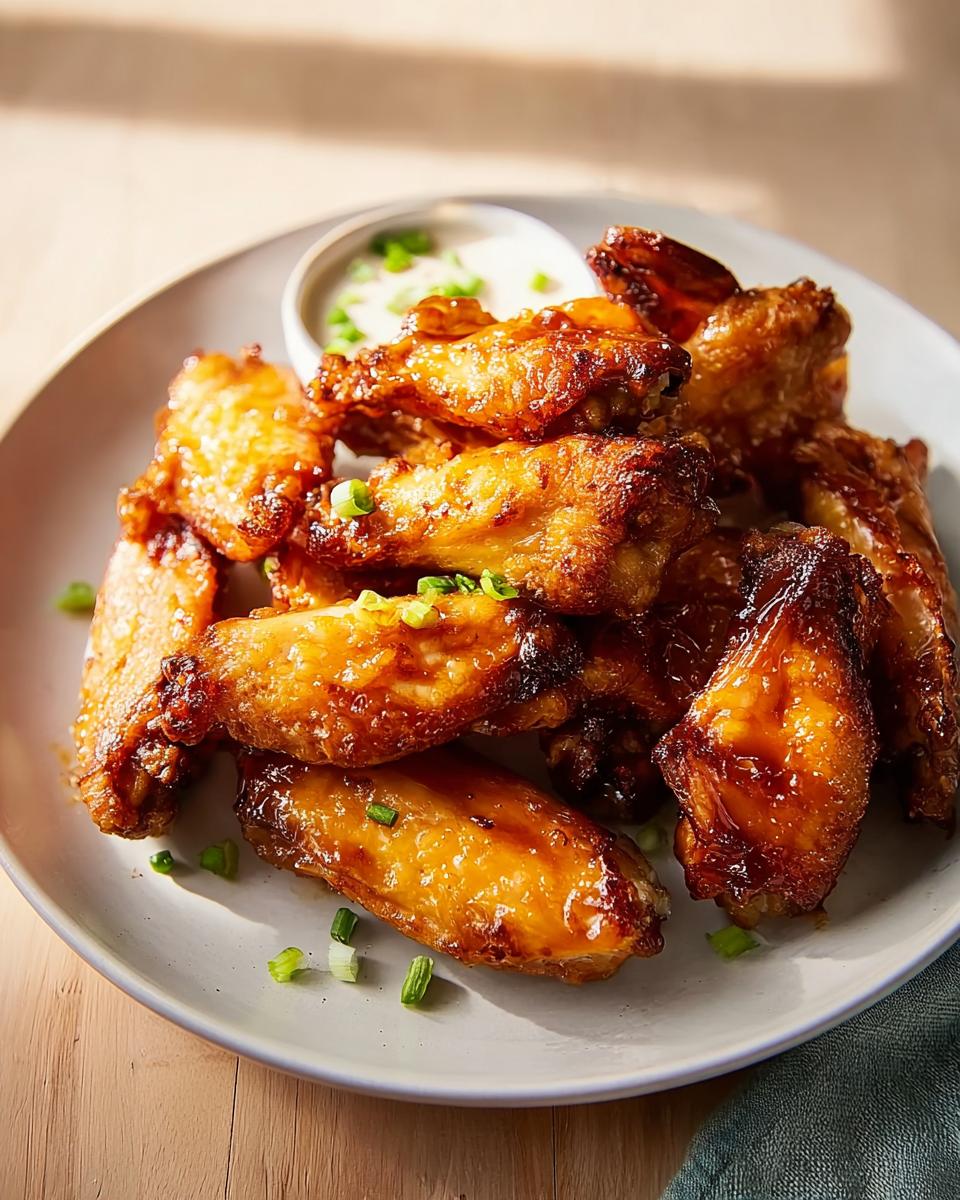Golden brown, glazed chicken wings piled on a plate, served with a side of dipping sauce and chopped green onions.