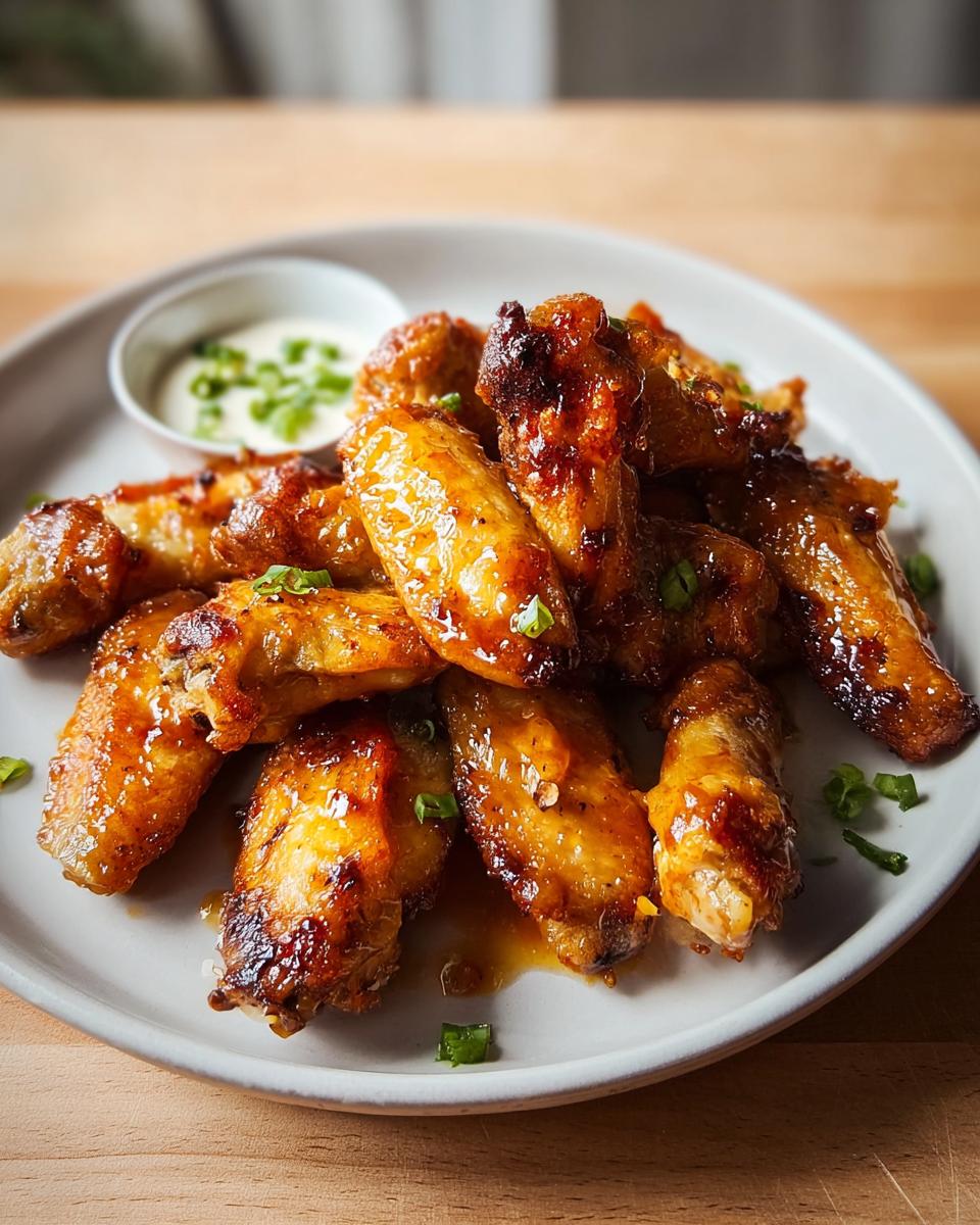 A plate of glossy, golden-brown restaurant-style chicken wings, garnished with chopped green onions.