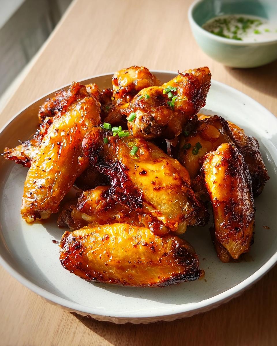 A plate of glossy, golden-brown restaurant-style chicken wings, garnished with chopped green onions.