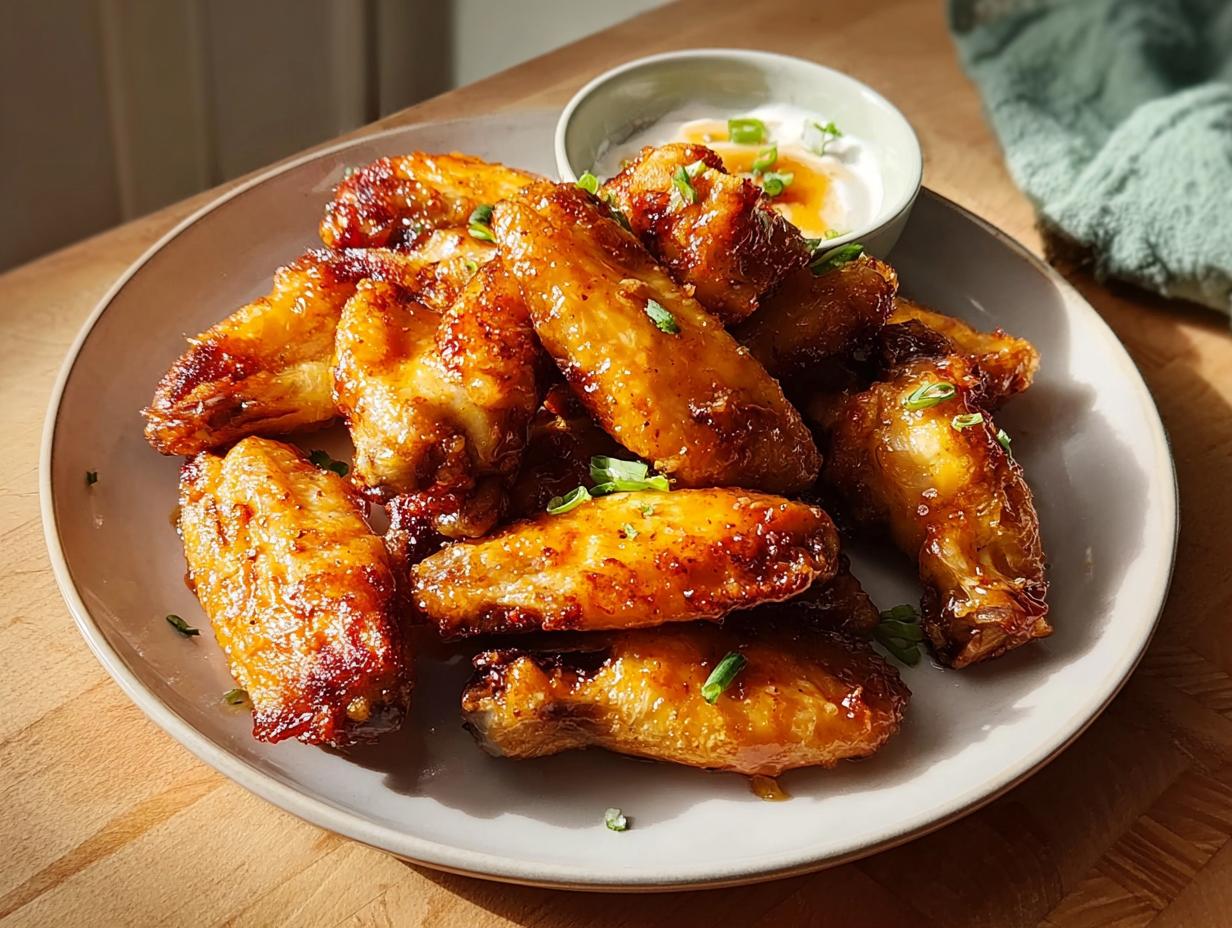A plate of glossy, golden-brown restaurant-style chicken wings, garnished with chopped green onions, served with a side of dipping sauce.