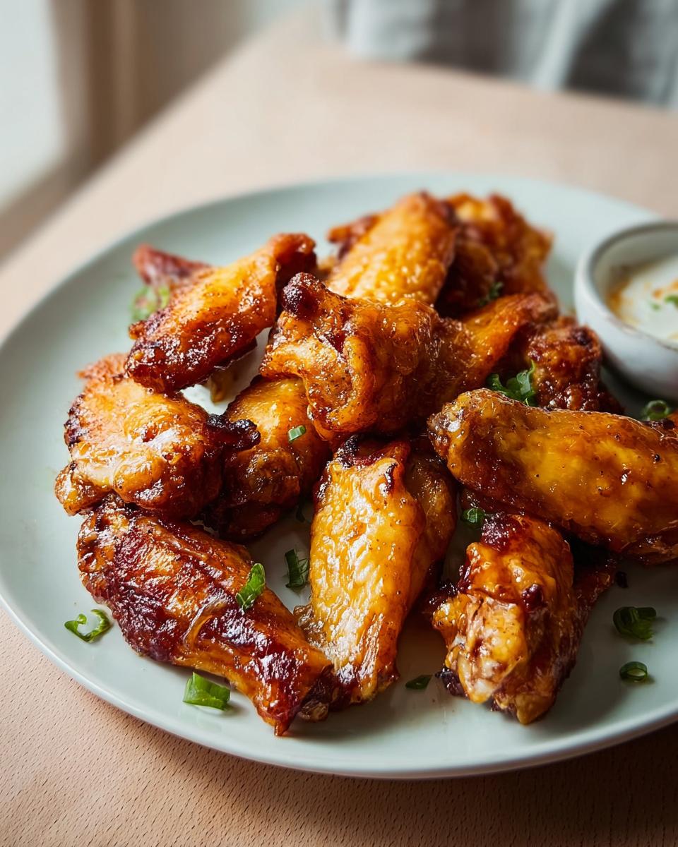 A plate of glossy, golden-brown restaurant-style chicken wings, garnished with chopped green onions, served with a side of dipping sauce.