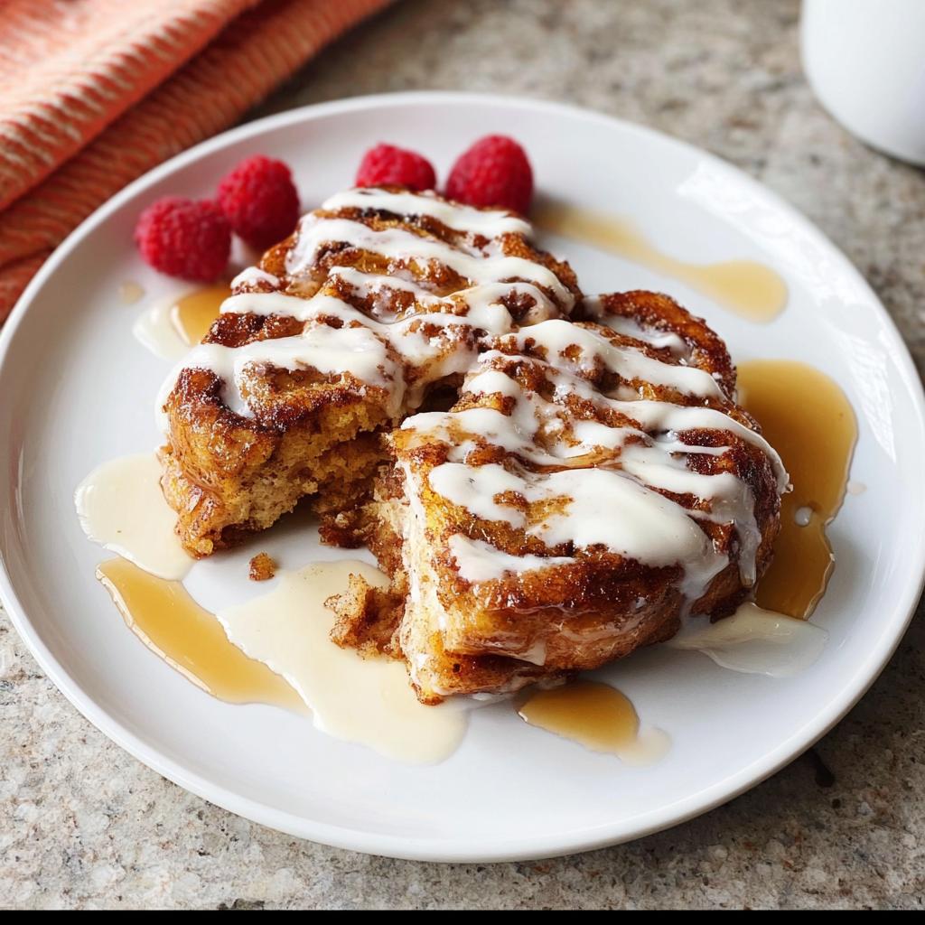 Close-up of cinnamon roll French toast drizzled with icing and syrup, garnished with raspberries. Restaurant-style breakfast ideas.