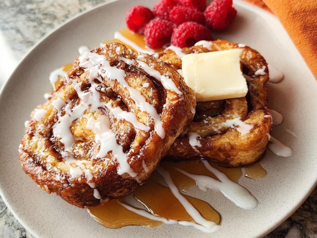 Two pieces of cinnamon roll French toast drizzled with icing and syrup, topped with butter and raspberries. Restaurant-Style Breakfast Ideas Recipes at Home.