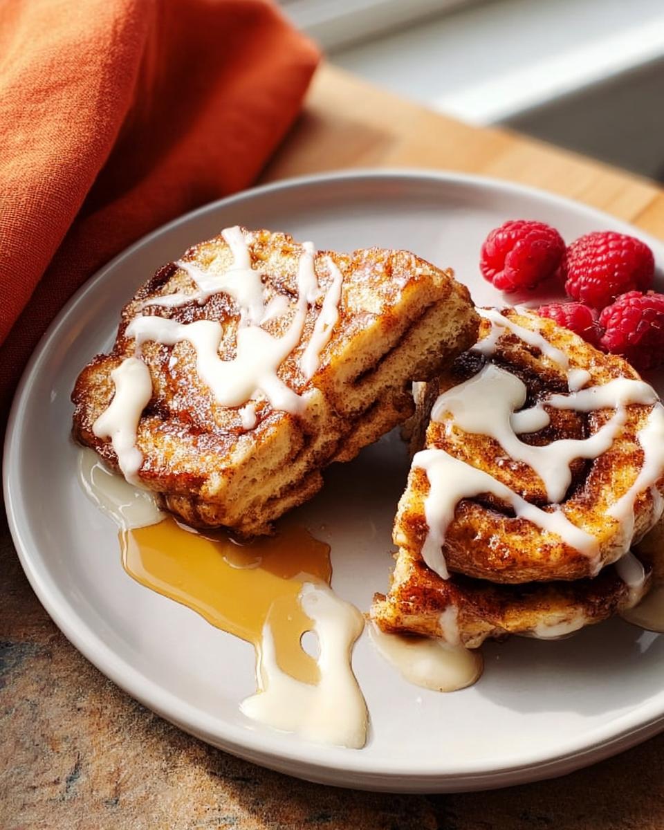 Stack of cinnamon rolls drizzled with icing and syrup, served with raspberries, a perfect restaurant-style breakfast idea.