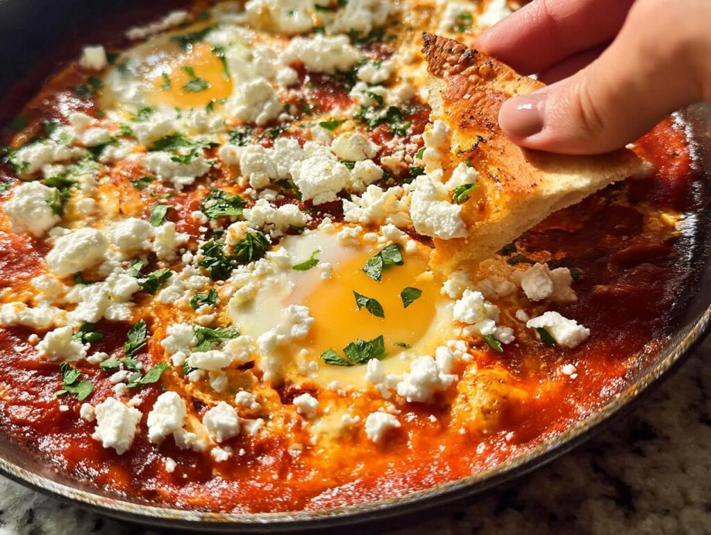 Close-up of a restaurant-style egg recipe: Shakshuka with runny yolks, rich tomato sauce, crumbled feta, and fresh parsley, being scooped with bread.