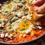 Close-up of a restaurant-style egg recipe: Shakshuka with runny yolks, rich tomato sauce, crumbled feta, and fresh parsley, being scooped with bread.